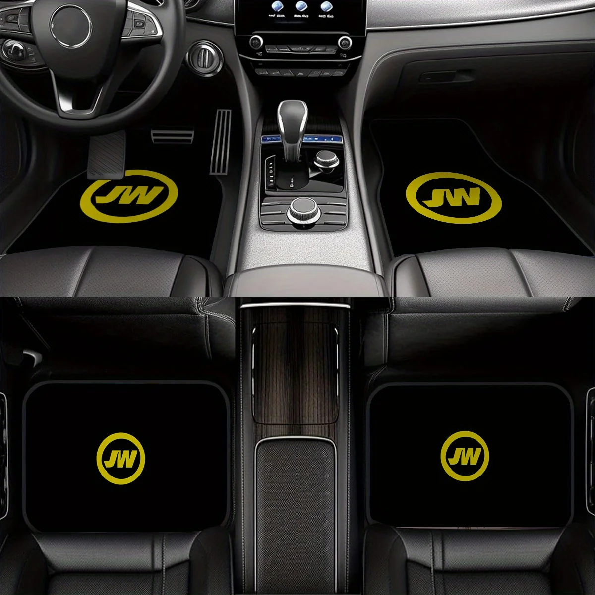 4pcs Car Floor Mats- Golden Circle JW Letter Design, Suitable For Cars, Trucks, And SUVs, Easy-to-Clean Interior Accessories