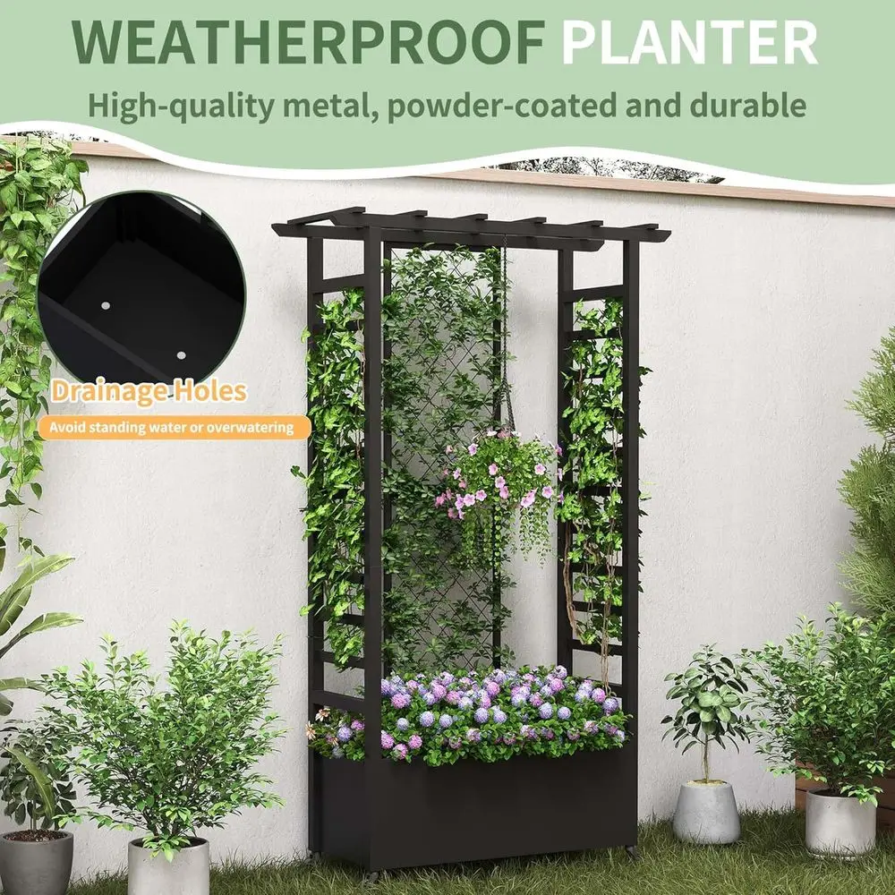 Elevated Garden Bed with Trellis and Hanging Baskets, Metal Planter Box on Wheels, Outdoor Climbing Plant Support, 74 H x 44 L x view 3