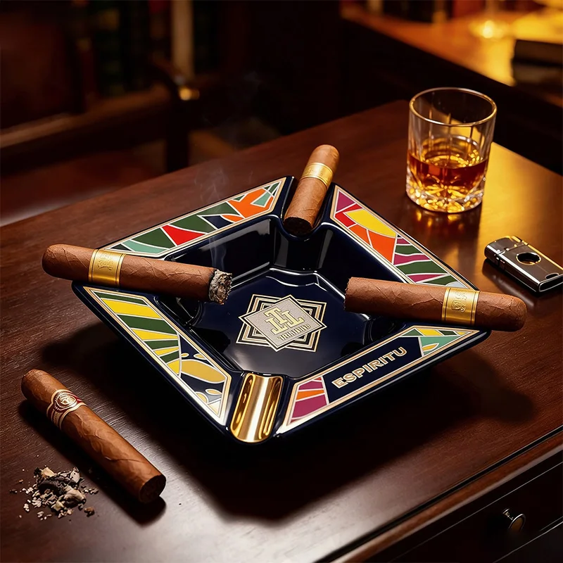 Trinidad Espiritu Ceramic Cigar Ashtray 4 Cigar Slots Square Ash Tray with Gift Box Luxury Desktop Smoking Decor for Men