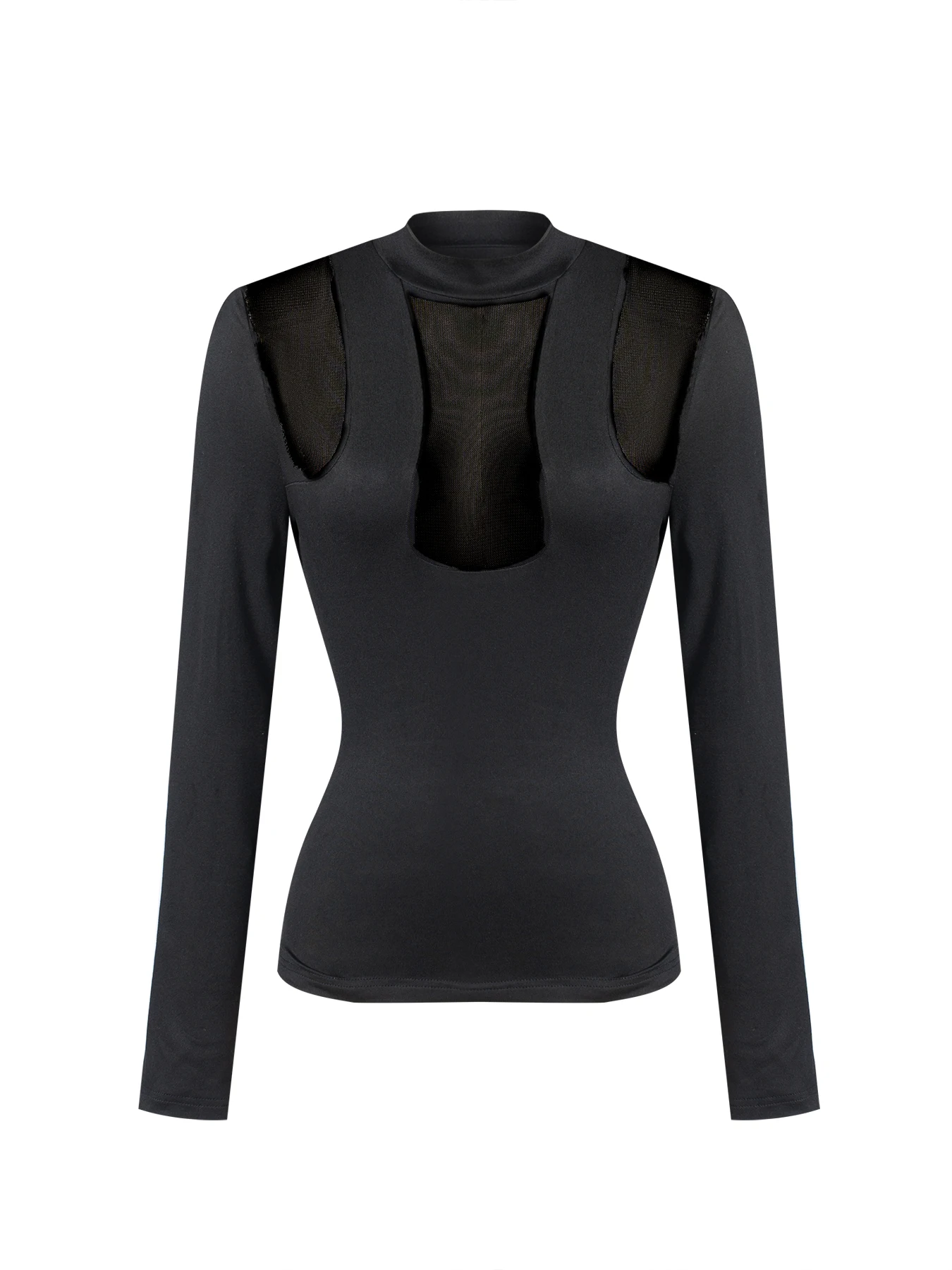 Women Mock Neck Mesh Cutout Long Sleeve Top Hollow Out Sheer Patchwork Slim Fit Bodycon Party Blouse image 6
