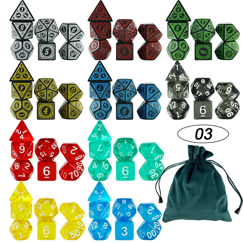 70pcs Polyhedral Digital Dice Set with Velvet Bag for Boardgame As Souvenirs/Gift Entertainment 7 Dice - D4 D6 D8 D10 D12 D20 D%