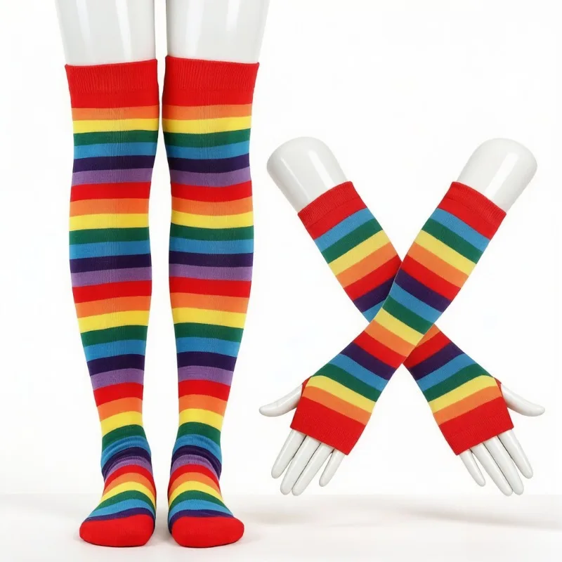 Colorful Rainbow Stripe Cotton Thigh High Over Knee Stockings Arm Sleeve Suit Masquerade Party Cosplay Dress Up Accessories 5