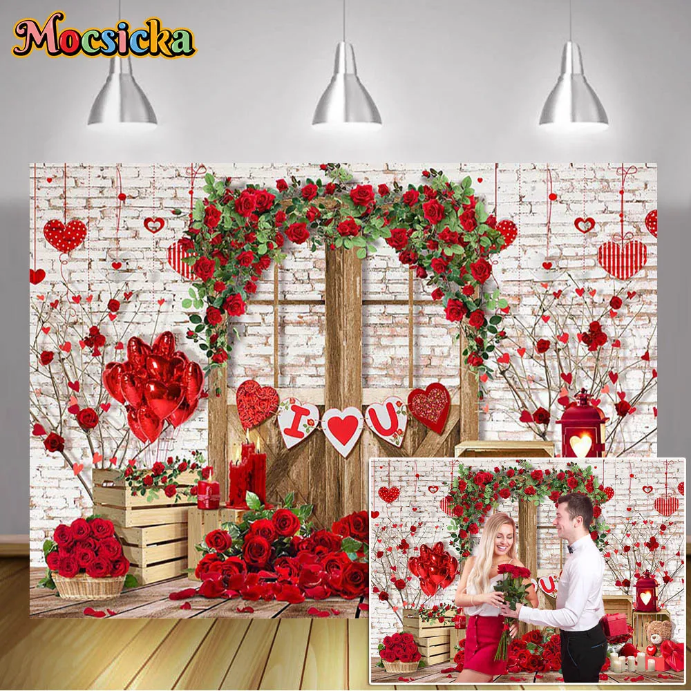 

Mocsicka Valentine's Day Theme Backdrop Red Roses Romantic Wedding Decoration Wooden Door Frame Background Portrait Photo Booth