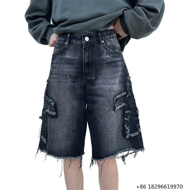 OEM Vintage Men's Applique Embroidery Crystal Y2K Distressed Denim Shorts Raw Edge Hem Streetwear Regular Fit