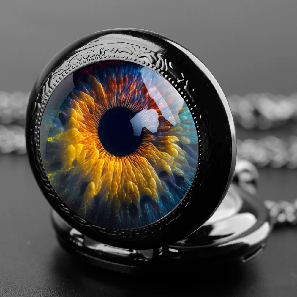 Creative Eye Pupil Design Black Quartz Necklace Pocket Watch With Chain Pendant Steampunk Vintage Gifts Clock for Women Men Kids