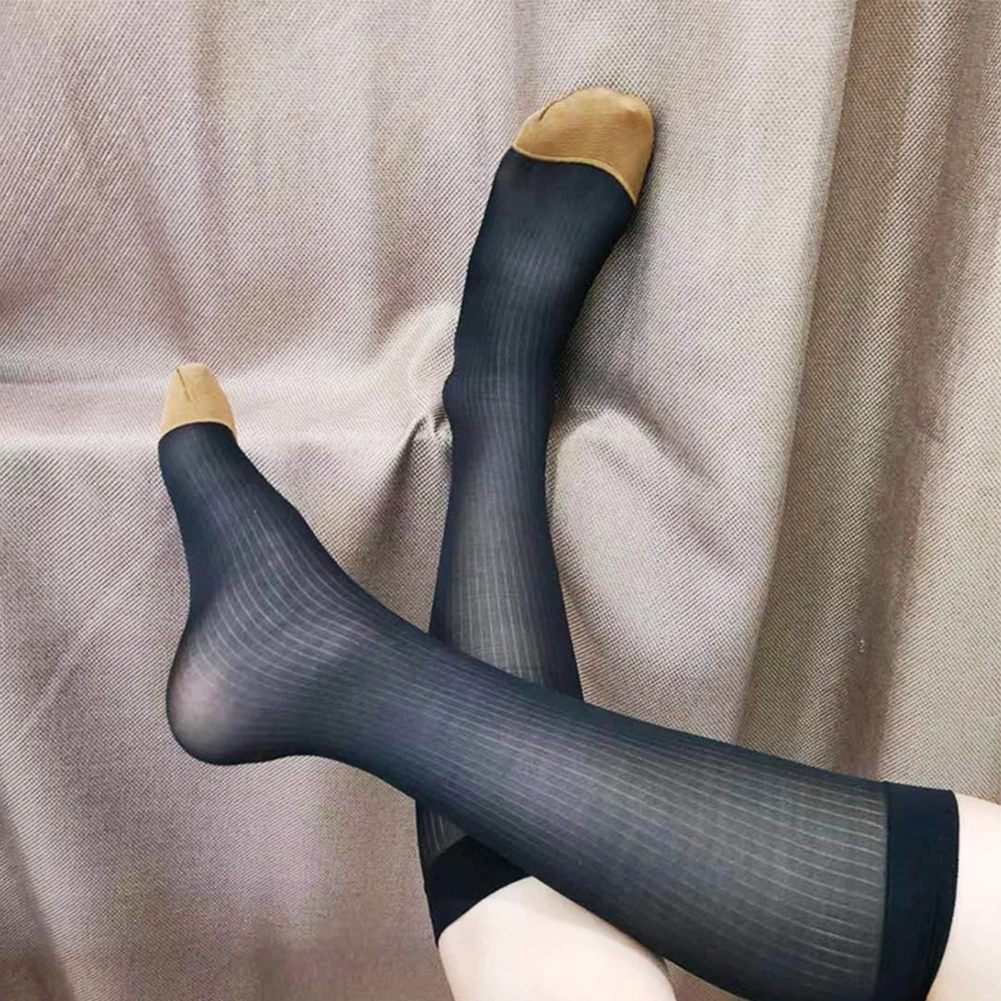 Fashion Mens Socks Knee High Socks Breathable Casual Dress Socks Long Nylon See Through Sexy Sheer Silky Stockings