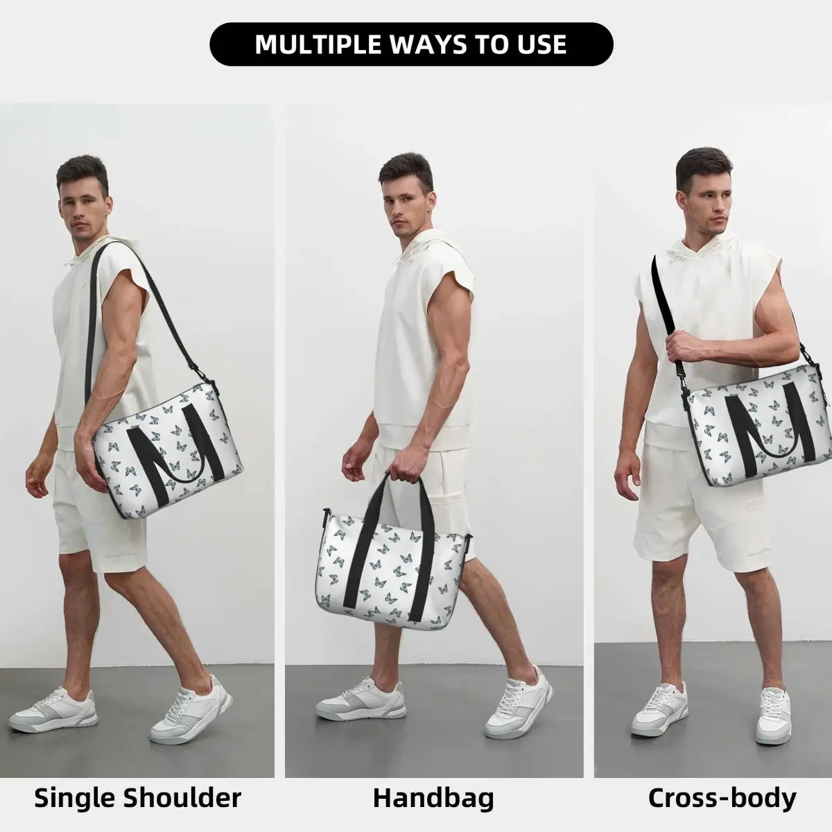 Custom Blue Pastel Butterflies Beach Travel Bag Large Capacity Tote Bags for Gym Yoga Women Shopping Duffle Shoulder Bag