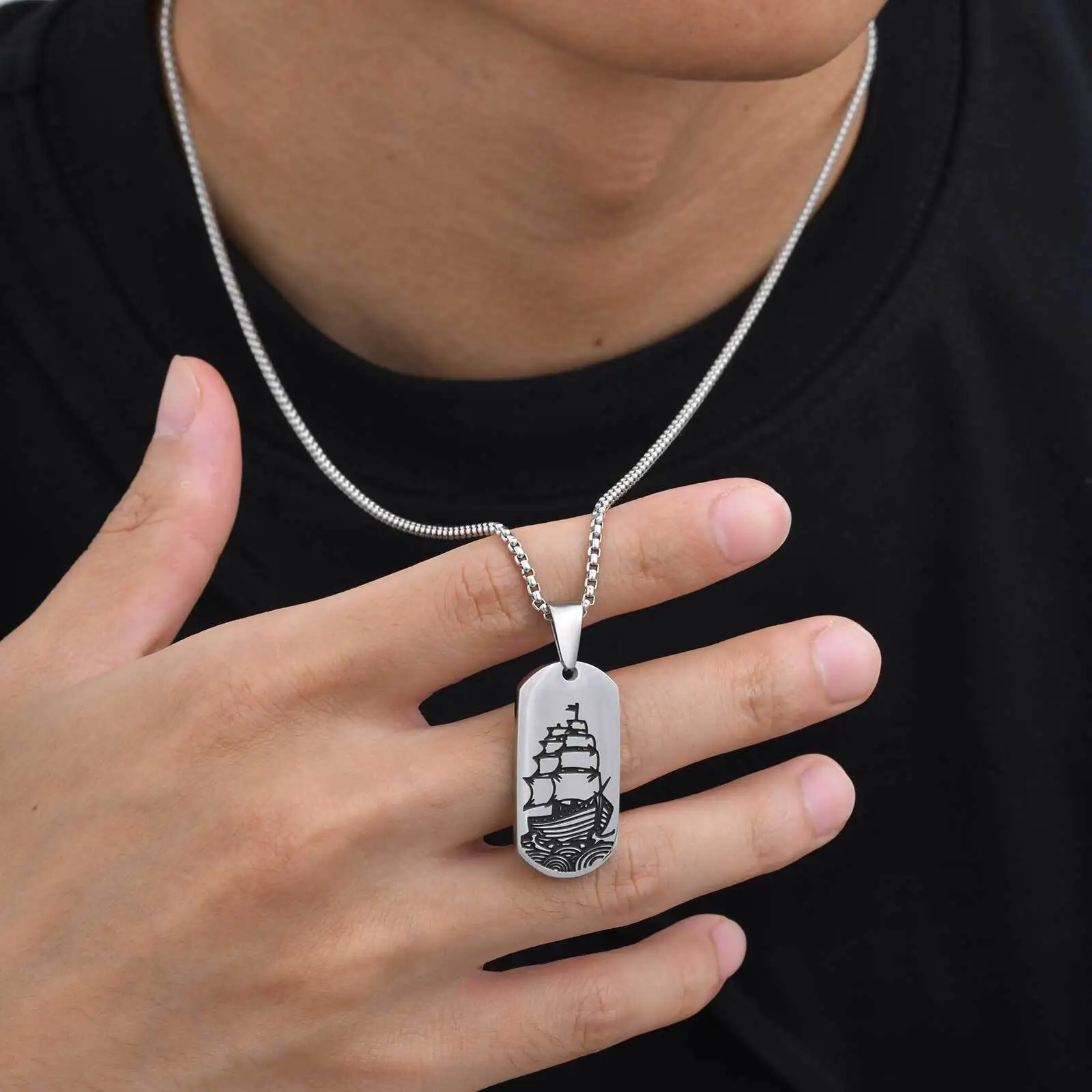 Punk Sea Wave Dog Tag Necklace for Men,Stainless Steel Black Oill Sailboat Military Pendant,Gift to Husband Son Dad