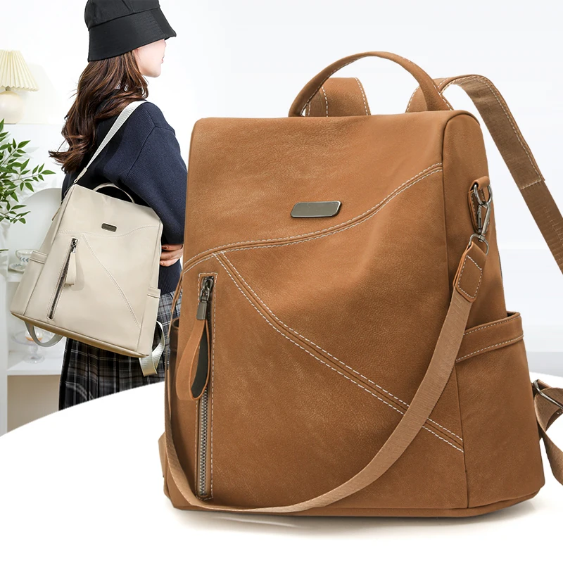 

New Fashion PU Leather Women Backpack Vintage Casual Daypack Ladies Large Capacity Travel Shoulder Bag Purse Anti-Theft Handbag