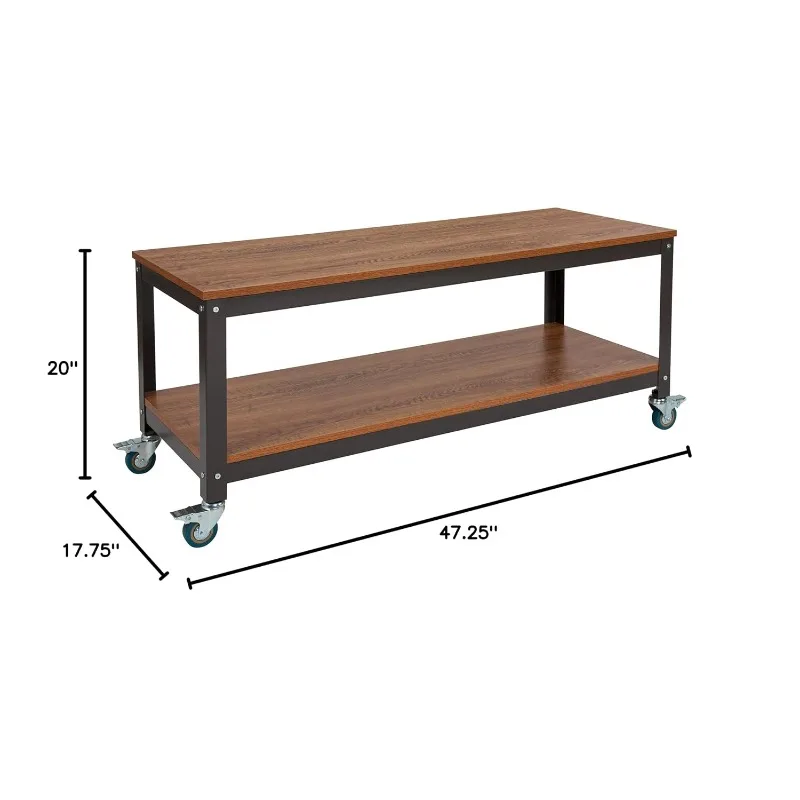 TV Stand Brown Oak Wood Grain Metal Wheels Living Room Storage, Customized