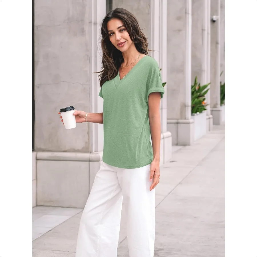 AUTOMET Tops para mujer Camiseta de manga corta Verano Cuello en V Top casual 2025 Primavera Lindo Trajes básicos de moda Moda