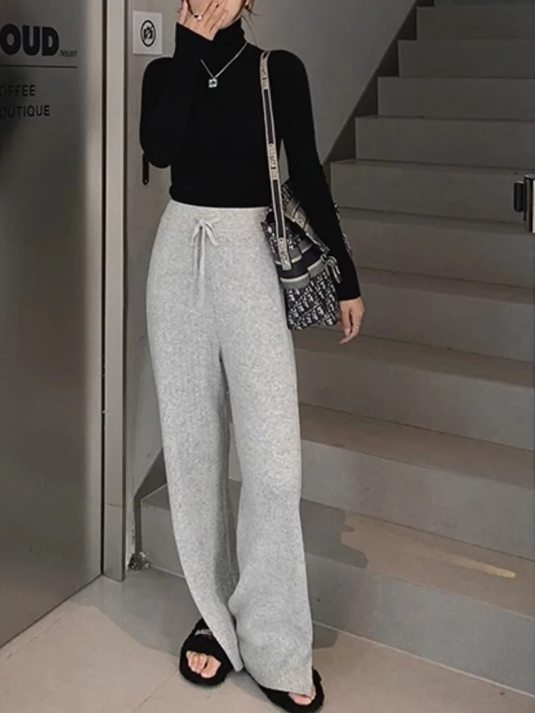 Slit Knitted Wide Leg Pants for Women 2024 High Waist Drooping Soft Glutinous Elegant Comfortable Straight Mopping Pants