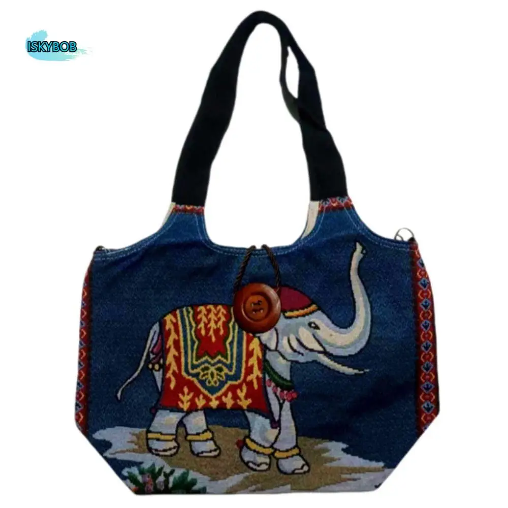 

Retro Ethnic Style Shoulder Bag Large Capacity Elegant Elephant Embroidery Handbag Embroidery Animal Printed Canvas Tote Bag