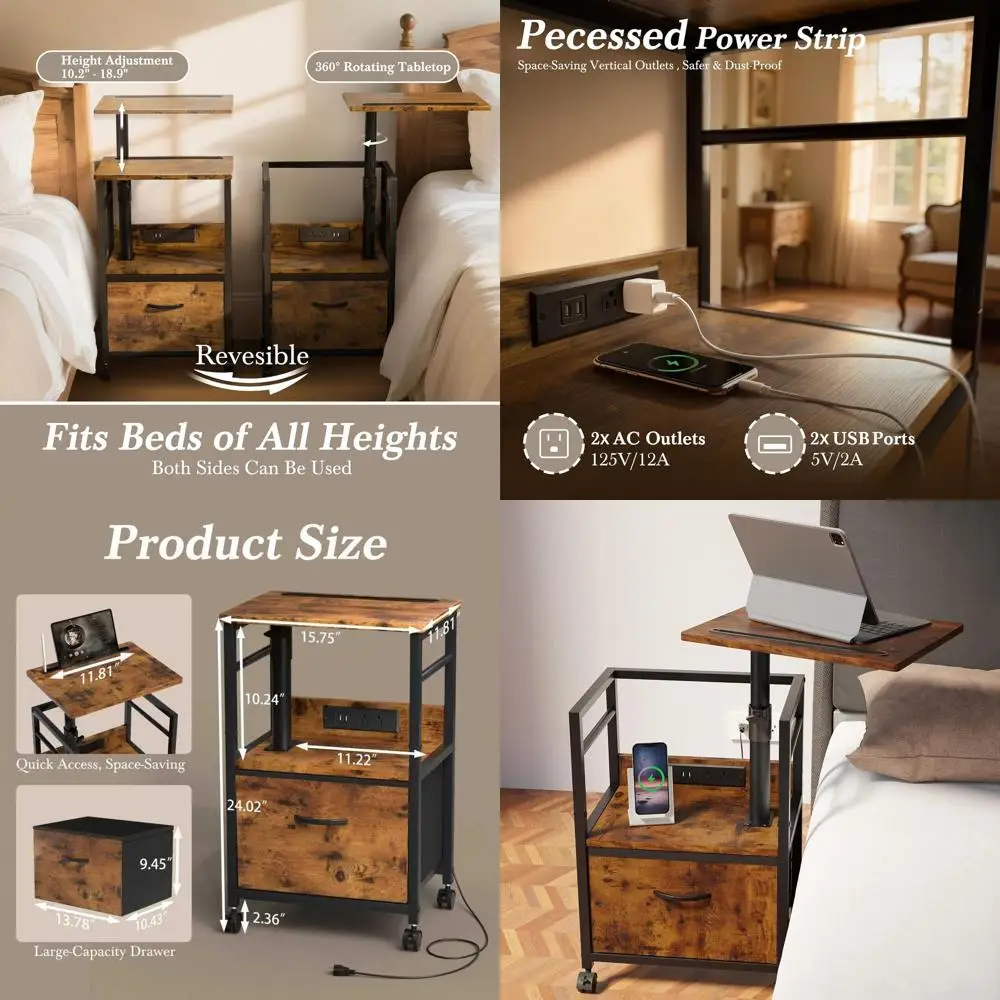 

Прикроватная тумбочка с поворотным подъемным верхом и зарядной станцией, 2 уровня на 360 градусов ° Регулируемая прикроватная тумбочка, прикроватная тумбочка на колесиках, маленький E