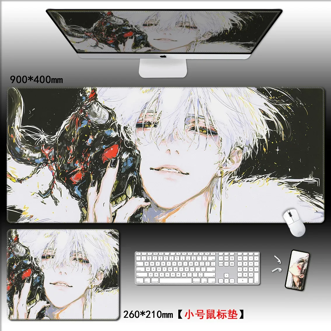 Handgetekende Anime Boy XXL PU lederen bureaumat |   Gaming grote muismat voor toetsenbord, stijlvolle cartoon E-Sports bureau decor