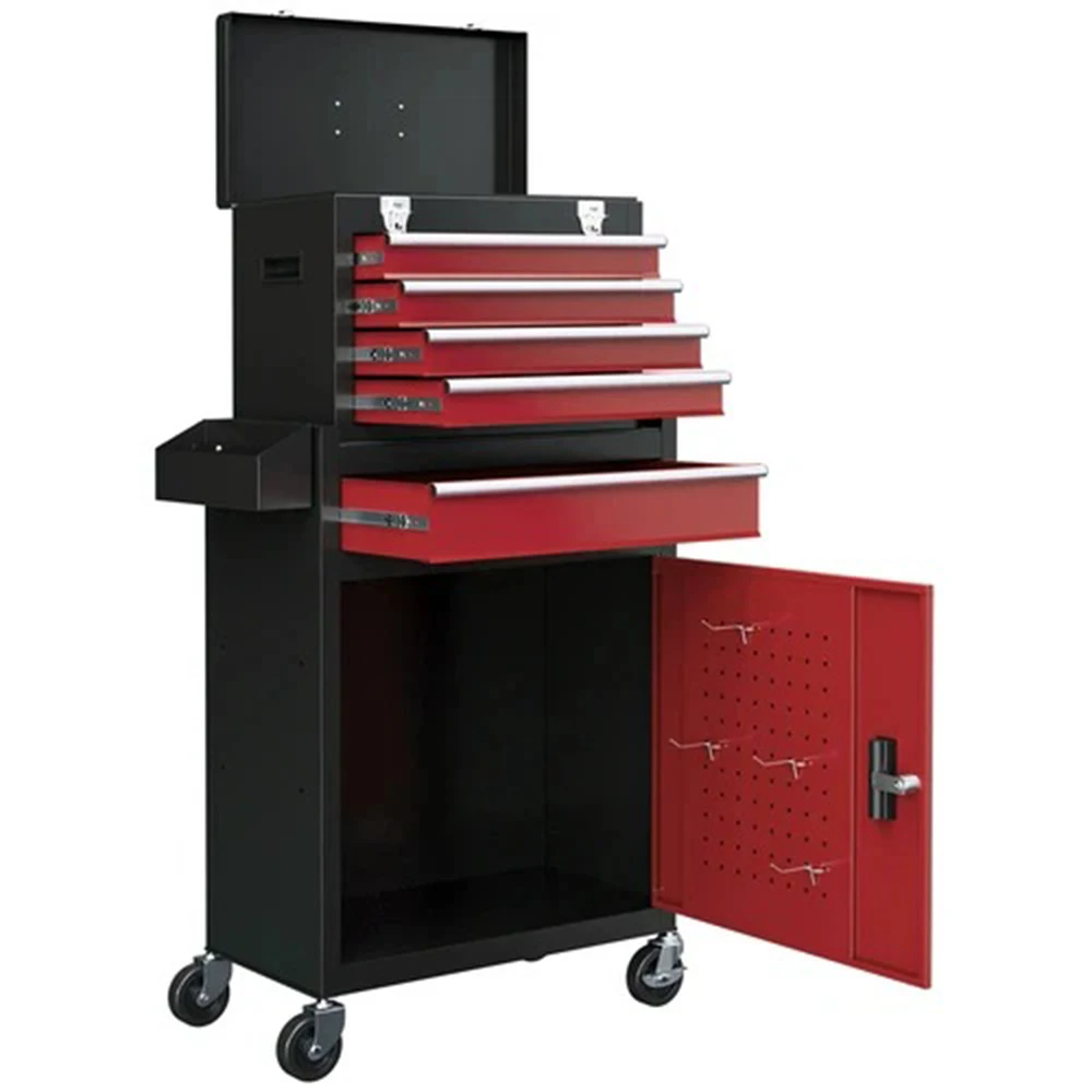 5-drawer Rolling Tool Cabinet Two-piece Tool Storage Chest On Wheels - Black/red