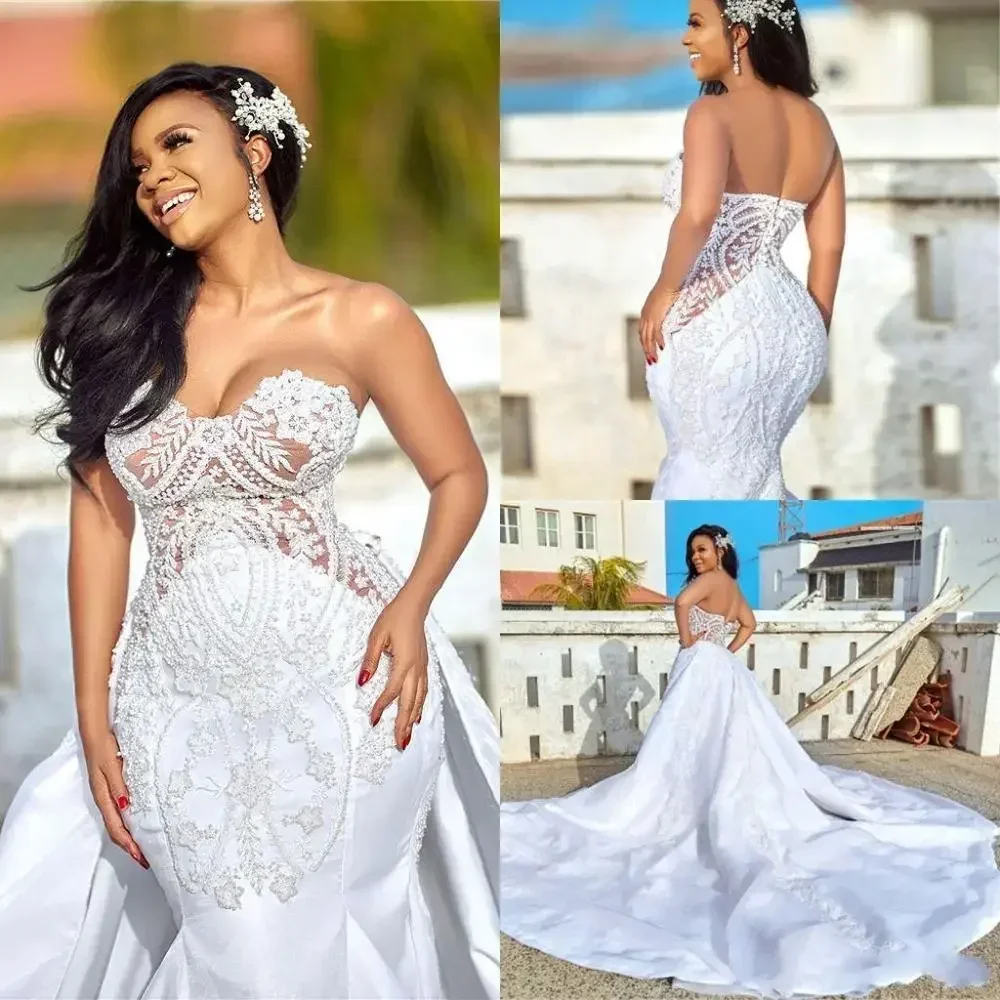 

Customized Sexy Lace Appliqued Memaid Wedding Dress With Detachable Train Luxury Strapless Sheath Plus Size African Bridal Gown