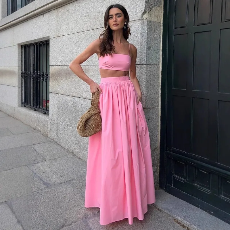 

Long Dress Two Piece Sexy Sleeveless Camisole Vest Loose Pleated Skirt Set Casual Holiday Elegant Women Long Dress Set
