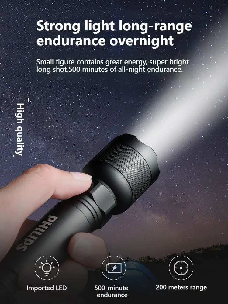 Philips LED Flashlight With USB 18650 Rechargeable Battery 4 Lighting Modes Waterproof Outdoor Camping Self Defense Flashlights