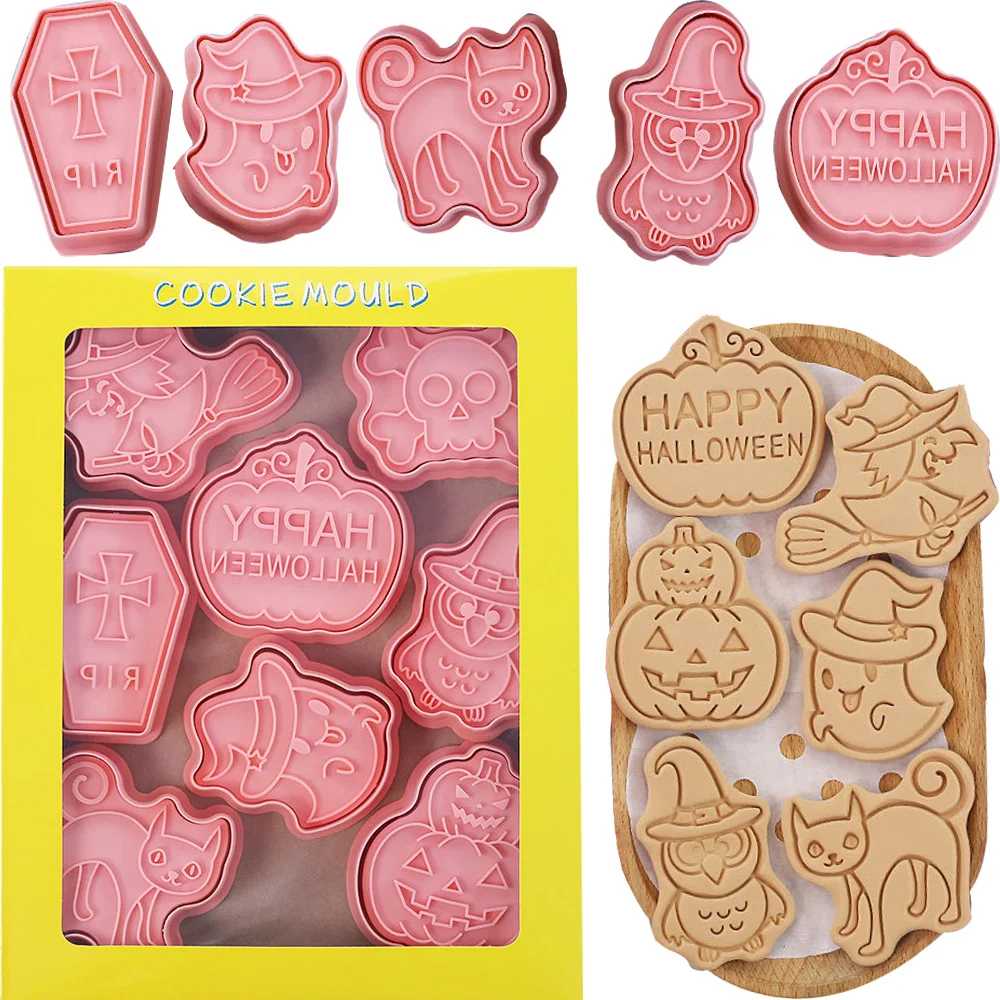 8pcs Halloween Biscuit Mold Plastic Pumpkin Ghost Bat Witch Cookie Molds For Horror Party DIY Supplies Kids Trick Or Treat Gifts