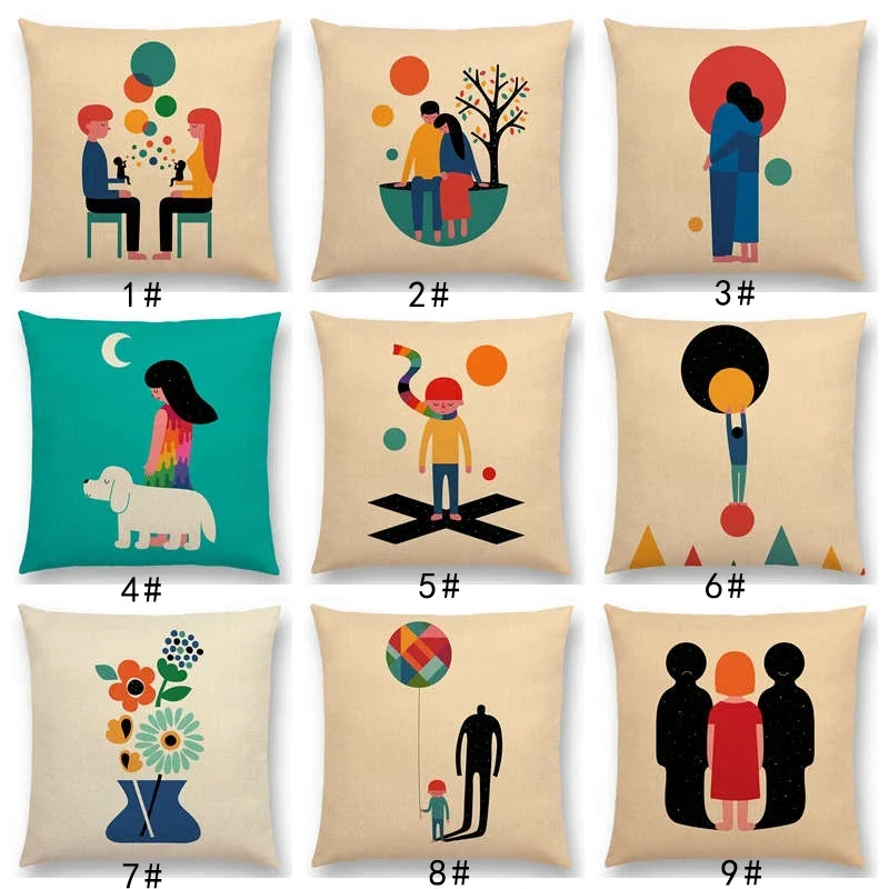 Lovely Couples Family Pillow Cover Parents and Children Happiness Colorful Daily Life Cushion Cover Sofa Throw Pillow Case