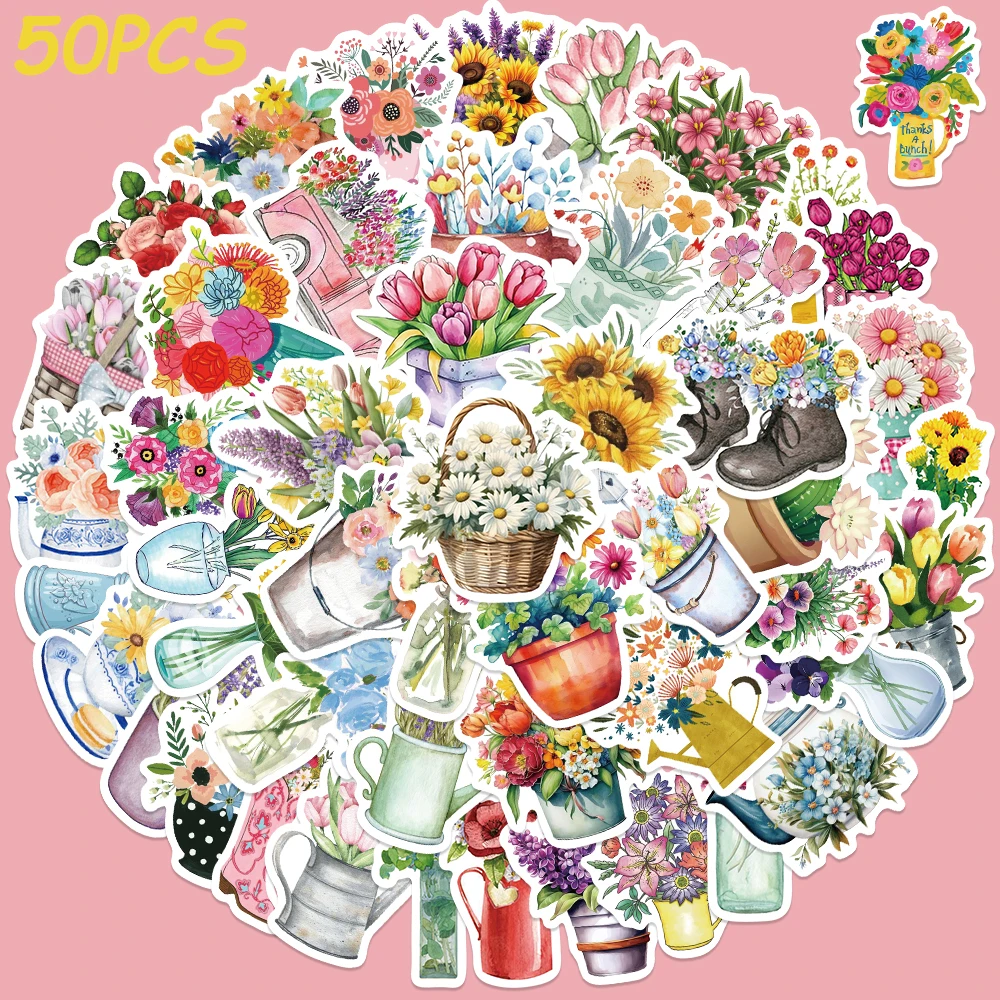 50pcs Flowers Stickers Aesthetic Graffiti Decals For Laptop Luggage Skateboard Bicycle Scrapbook Waterproof Stickers