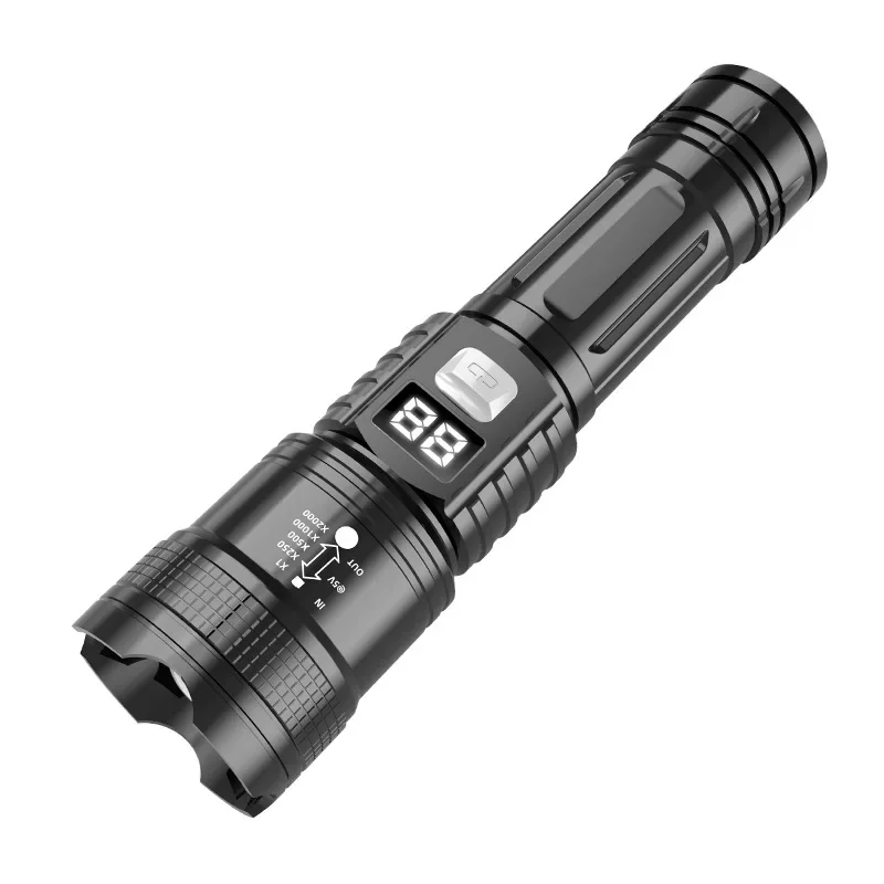 High Power White Laser Flashlight Multifunctional Digital Display Rechargeable Zoom Outdoor Patrol Searchlight