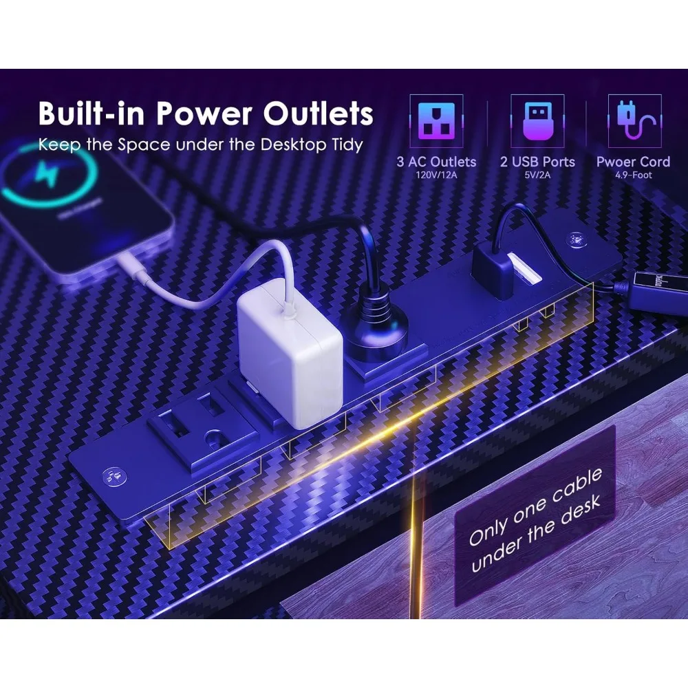 L-Shaped Gaming Desk 48 Inch with USB Charging, LED Lights, Storage Shelves and Monitor Stand for Optimal Computer Setup