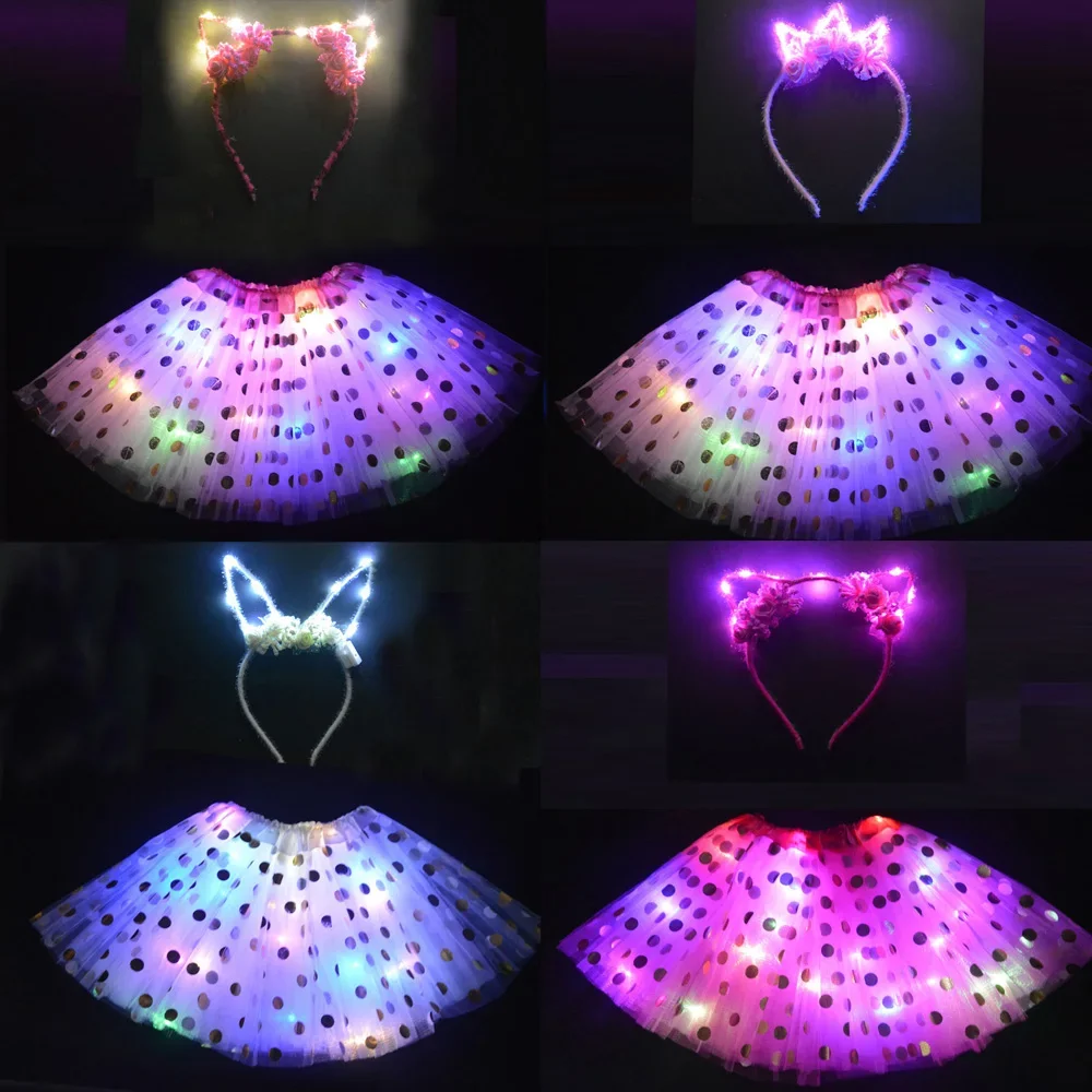 Girl Light Polka Dot Tutu Glow Skirt LED Bunny Cat Ear Crown  Birthday Party Devil Costume Gift  Halloween Wedding Festival