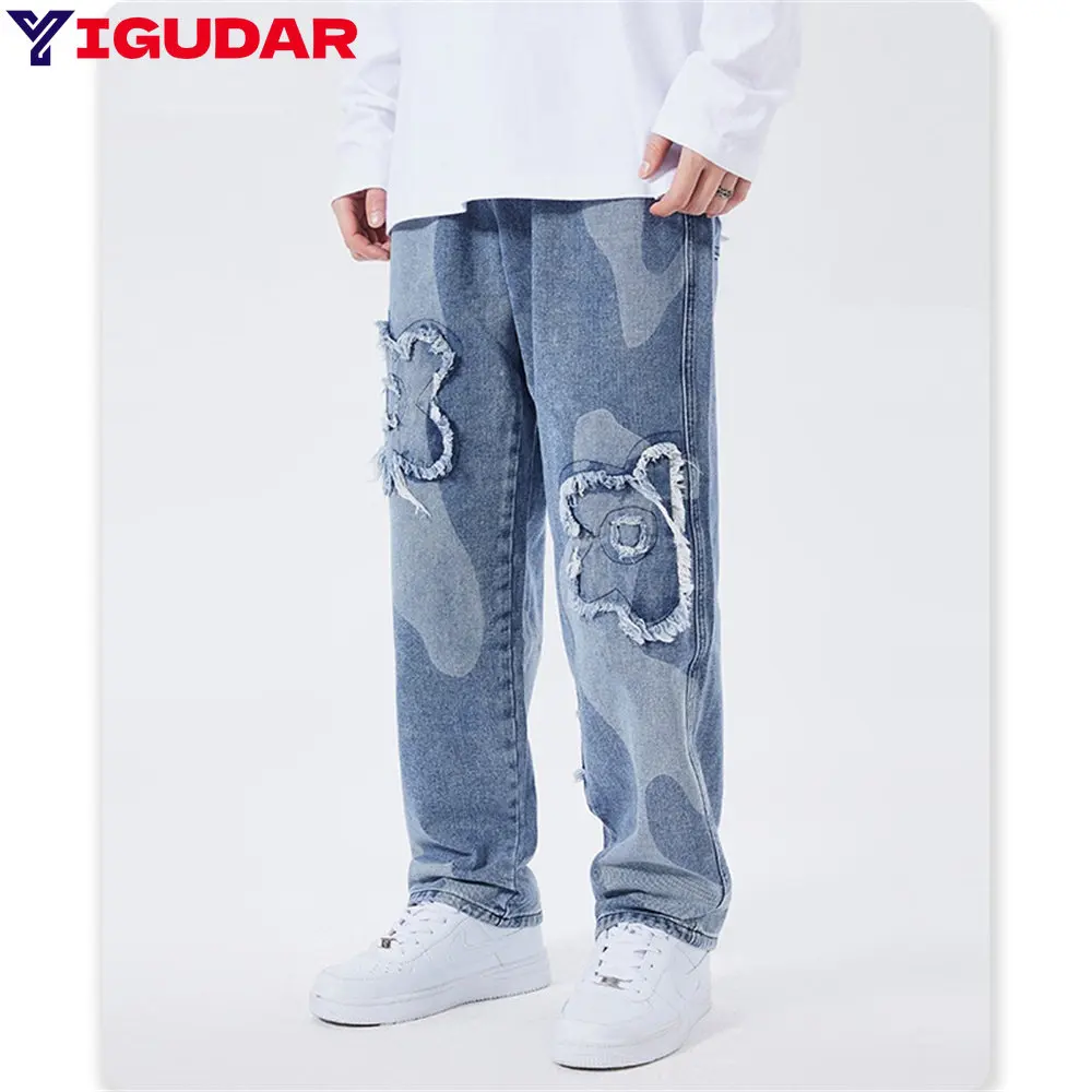 

Y2K Men's Jeans European and American High Street Biker Denim Cross Embroidery Hip-hop Straight Loose Wide-leg Pants