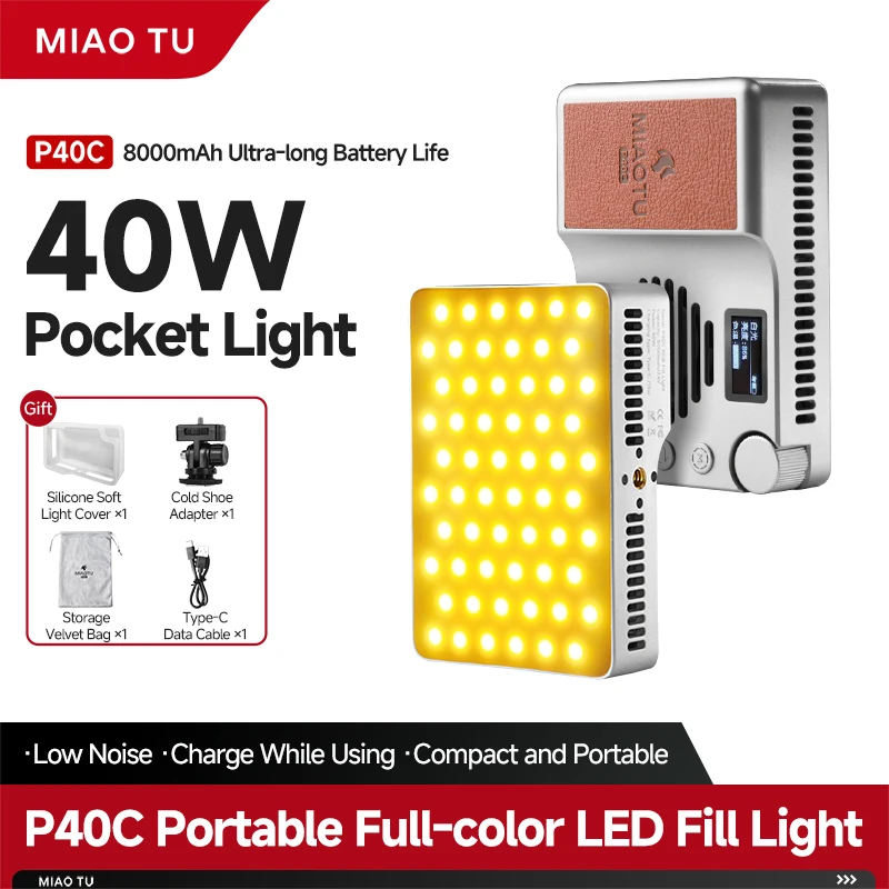 

Miaotu 40W High-Power Mini Portable Pocket Light with 8000mAh Built-in 2700-7000K CRI≥95 RGB Camera Light