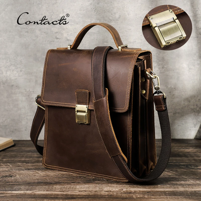 CONTACT\'S Mens Shoulder Bag Luxury Genuine Leather Messenger Bag for 11‘’ iPad Password Designer Bags Crossbody Male Handbag