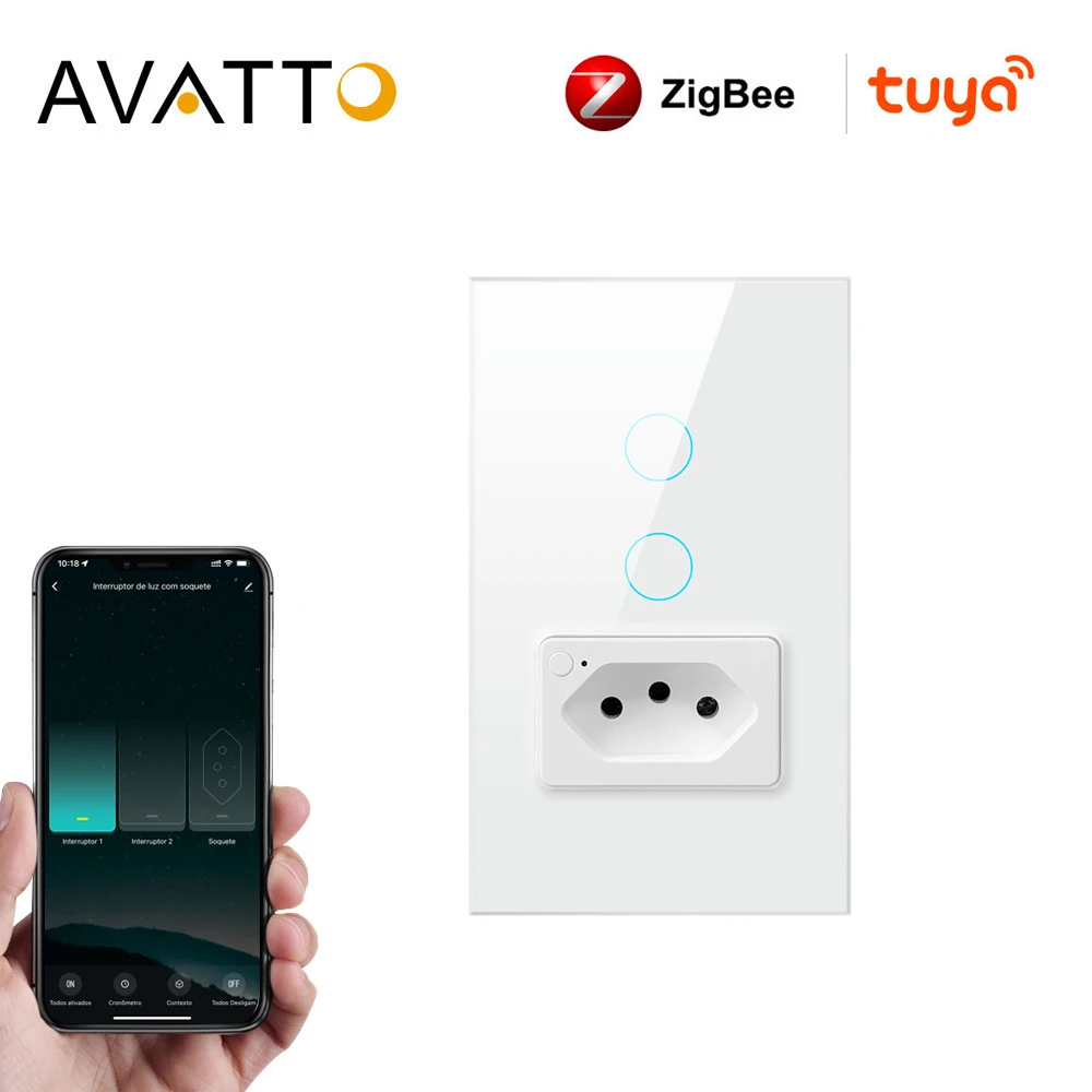 Avatto Tuya Zigbee Smart Switch & Socket Brasil Padrão Interuptor Painel de Controle Remoto de Vidro 4×2 Trabalho com Alexa Google Home