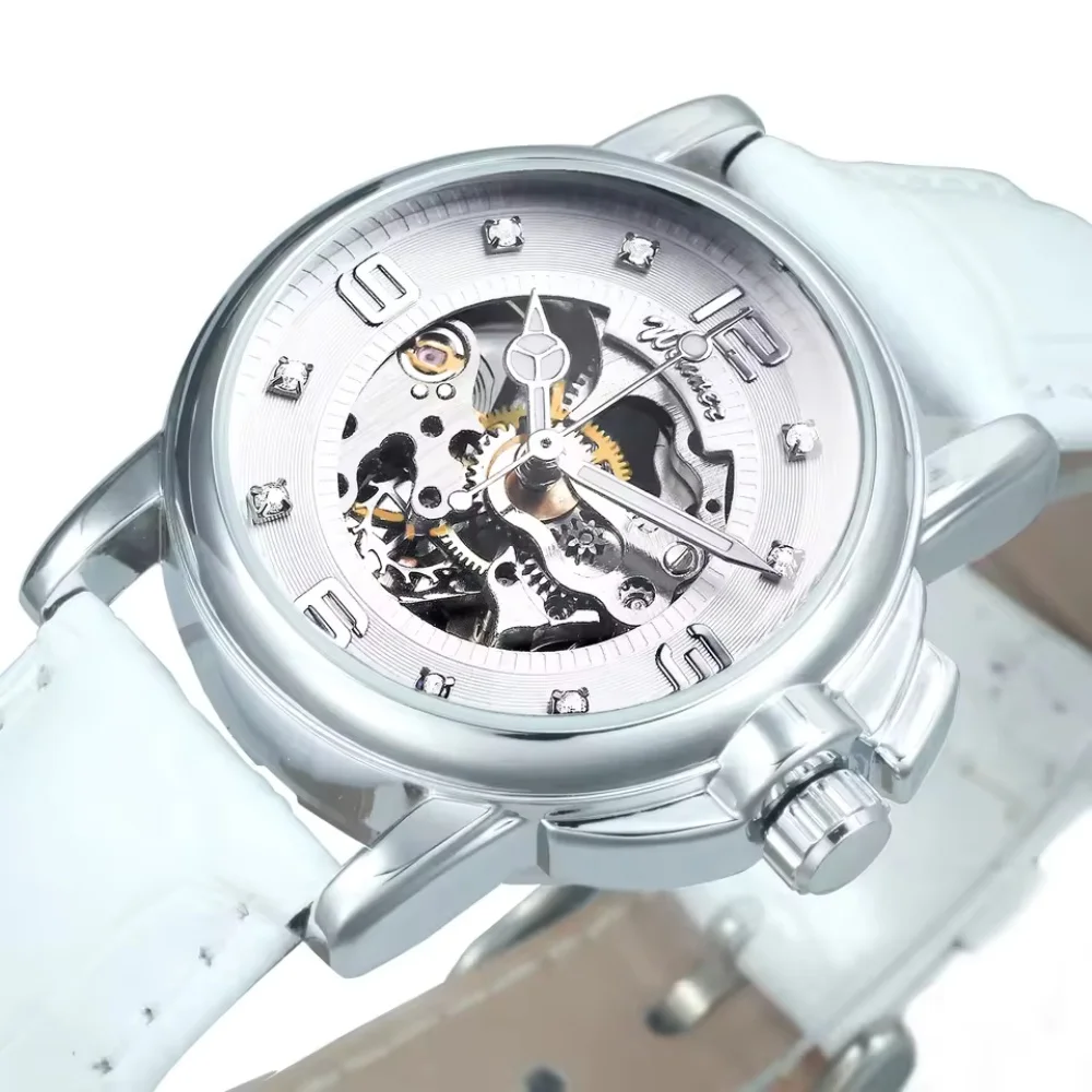 Fashionable Hollow-Out Women's Mechanical Watch, Fully Automatic Movement with Diamond-Encrusted Scale Design, White Leather Strap, Waterproof Women's Watch, Elegant and Versatile for Everyday Wear, Cross-Border Hot-Selling High-Value Gift Watch.