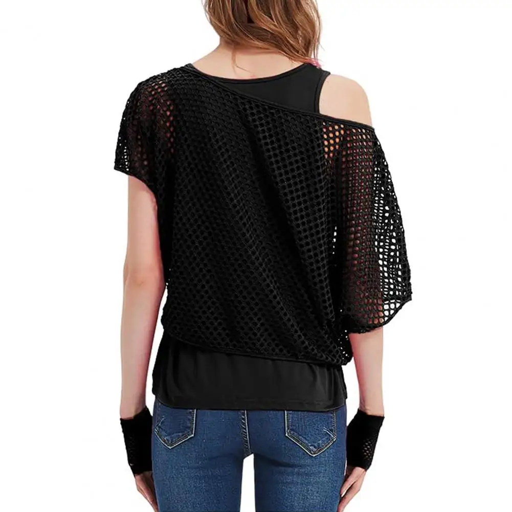 80s Mesh Shirt Vest Set Women Mesh Top Vest Set Bright Color O-Neck Short Sleeve Mesh Cropped Tops Racerback Pullover Vest Set