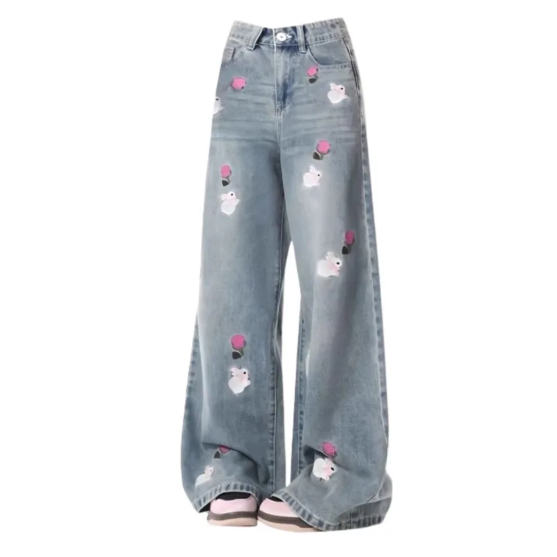 Hoge Taille Bloemen Konijn Borduurwerk Vrouwen Broek Chique Mode Harajuku Wijde Pijpen Broek Losse Grunge Kawaii Pantalones