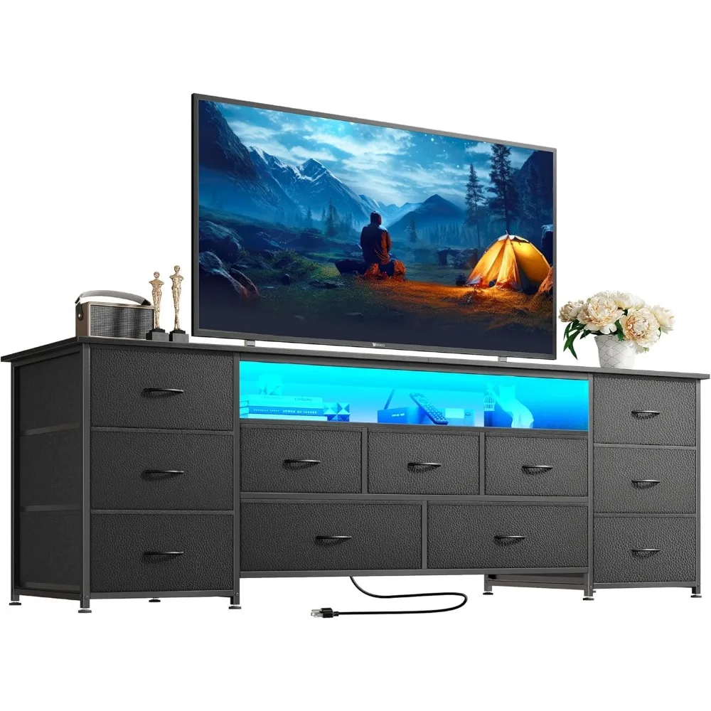 

63 Inch TV Stand for 65, 70 Inch TV, 11 Drawer Long Dresser with Power Outlets and LED Lights, Entertainment Center with