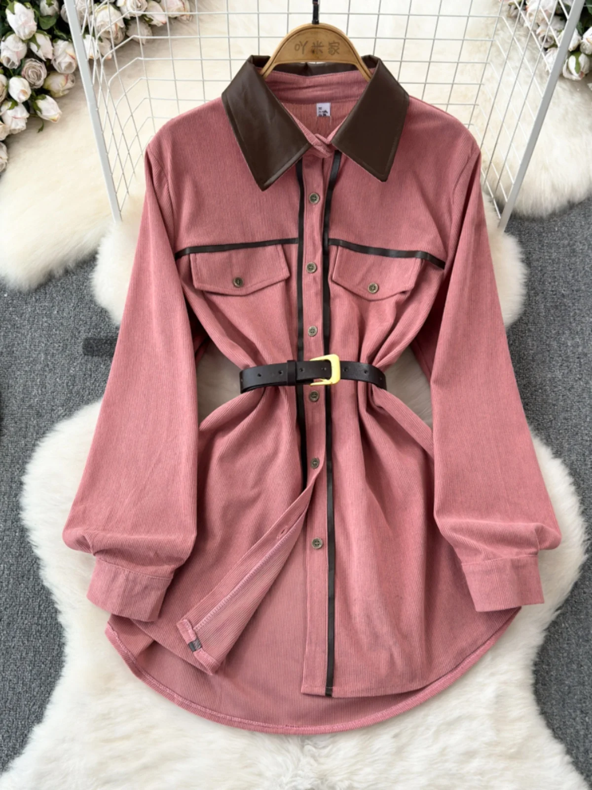 Nomikuma primavera autunno coreano contrasto colore maniche lunghe colletto rovesciato Lace Up vita sottile abito camicia di velluto a coste di media lunghezza