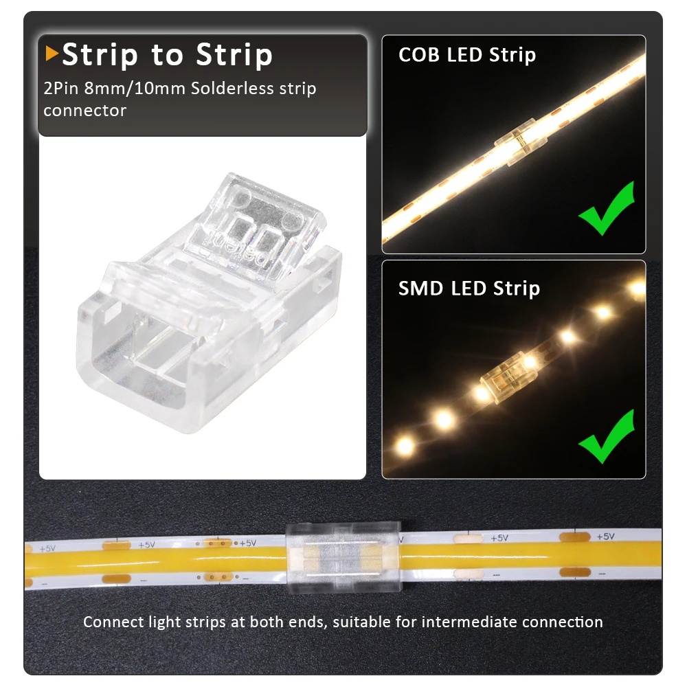 5pcs 2Pin COB LED Strip Connector Extension Wire Terminal LED Connectors for 8mm 10mm IP20 IP65 2835 5050 SMD COB Tape Lights