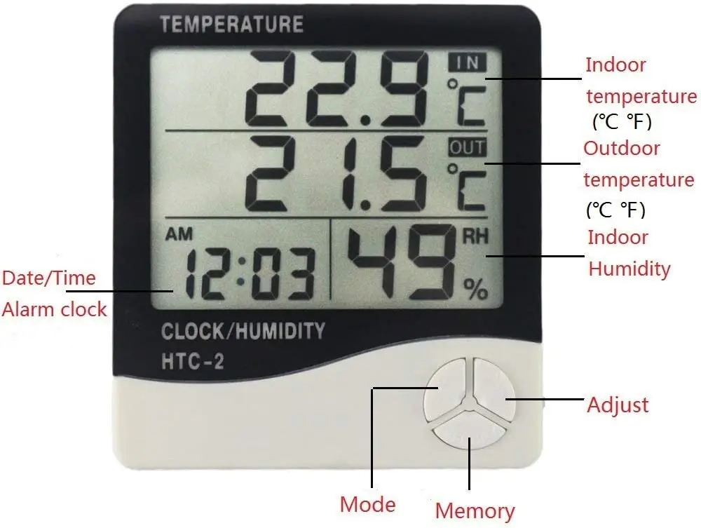 LCD Digital Temperature Humidity Meter HTC-2/HTC-1 Home Indoor Outdoor Hygrometer Thermometer Weather Station with Clock gallery 5