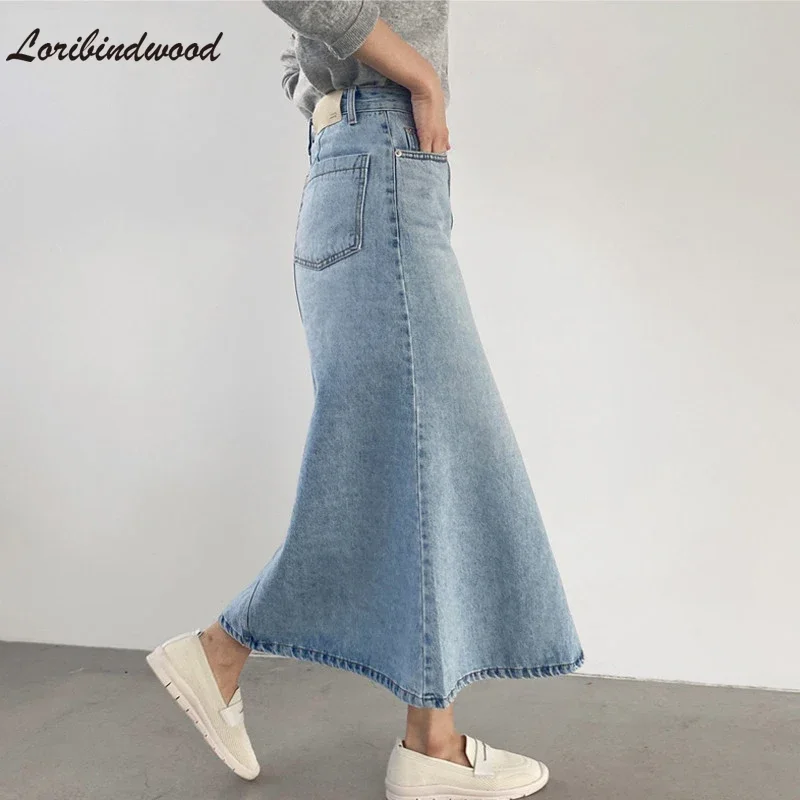 Loribindwood Chic Spring Summer Stretched Women Denim Mid-length Skirts 2023 Casual High Waist Loose Female Mermaid Jeans Skirts