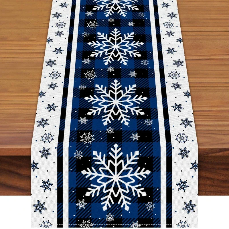 Coffee Table Runner Blue Black Buffalo Plaid Snowflake Border Tartan Xmas Holiday Picnic Bench Mat