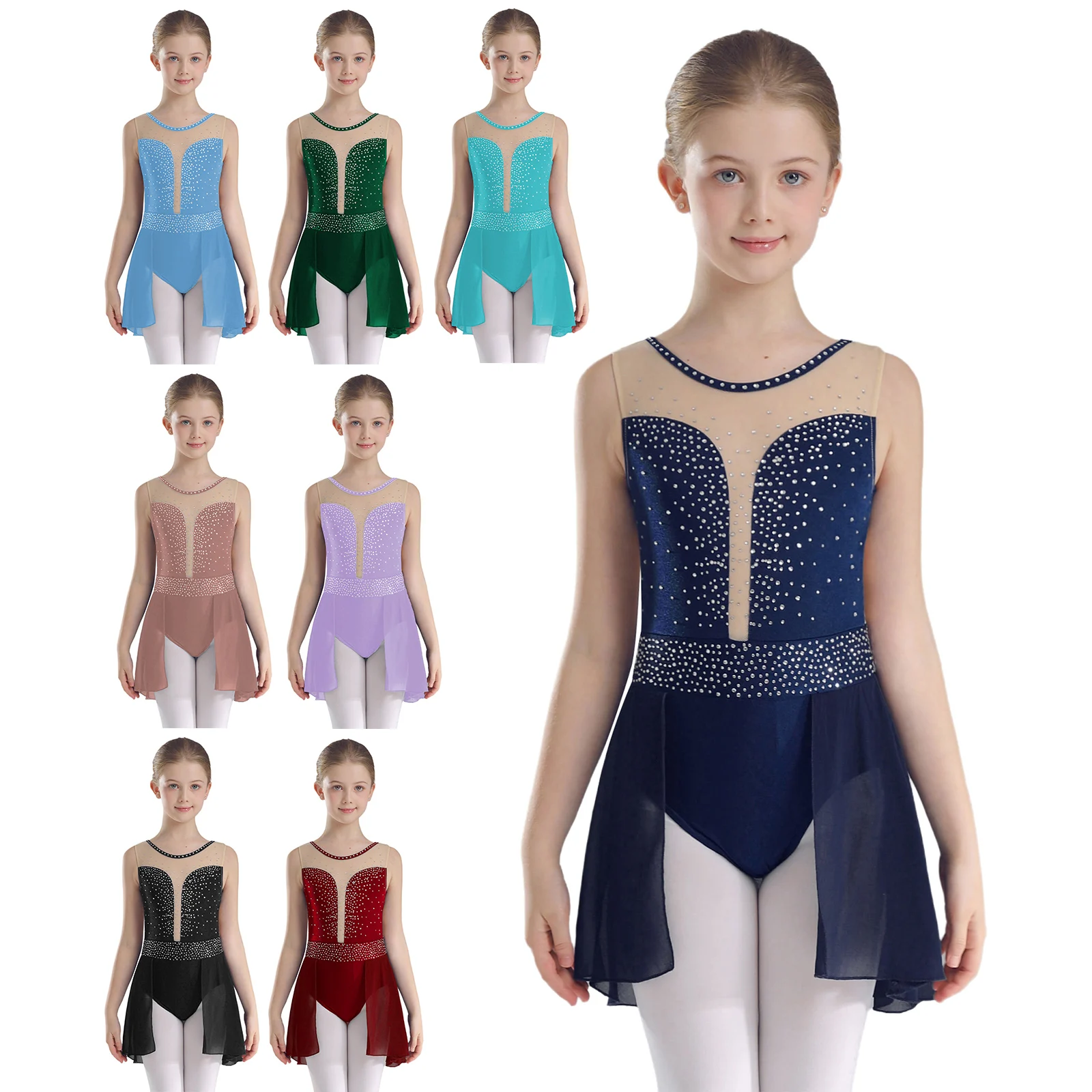 Kids Girls Lyrical Dance Dress Sleeveless Rhinestone Ballet Gymnastics Workout Leotard Figure Skating Dance Stage Performance