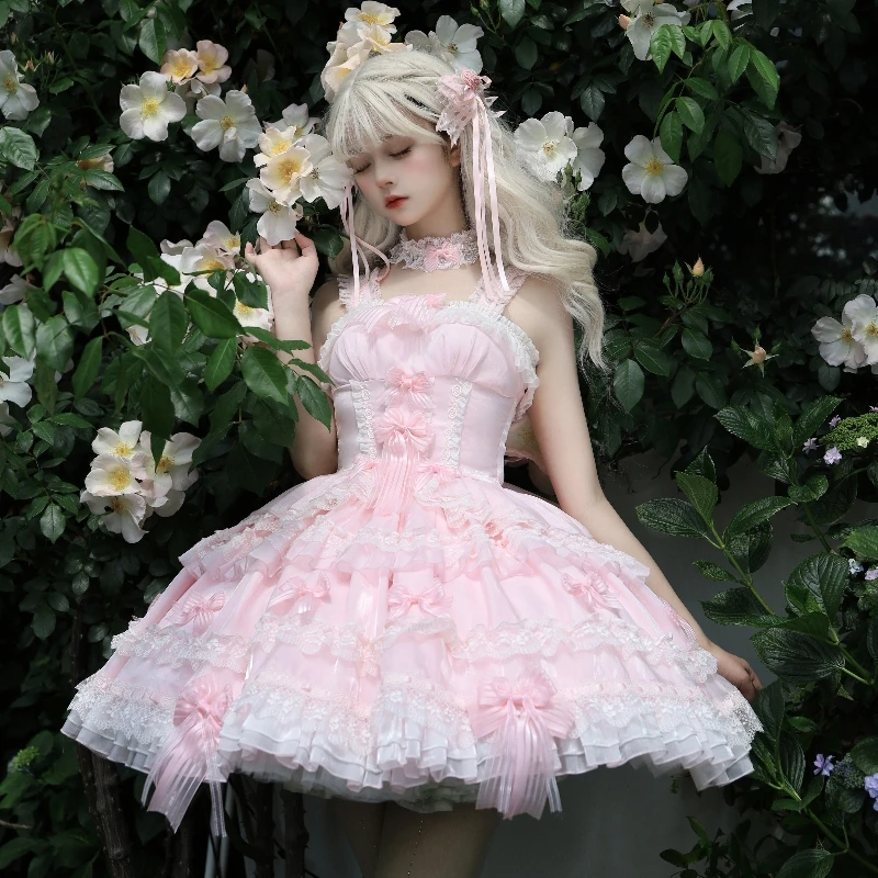 التصميم الأصلي أنيقة الحلو الأميرة الفتاة JSK فستان بكتافة مقوس دانتيل سليم عالية الخصر القوس زائدة Jsk فساتين قصيرة للنساء