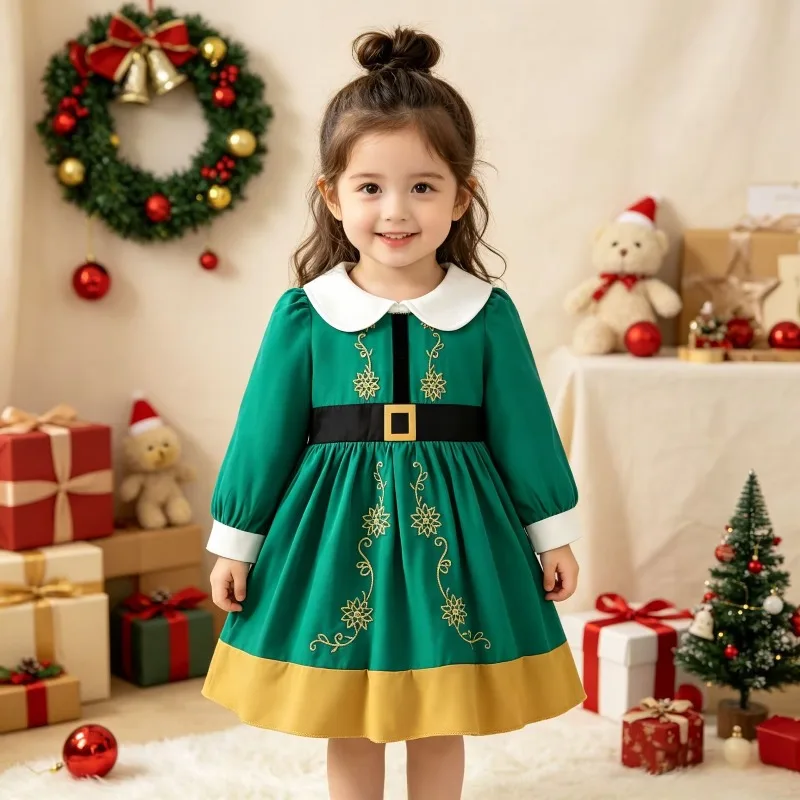 Baby Girl Christmas Green Dress Gold Embroidery Belt Holiday Party Outfit Newborn Infant Toddler Clothes
