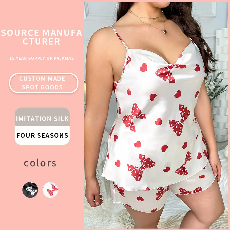 

Heart Floral Print Women Camisole Top Shorts Summer Sleeveless Suspender Pajamas Set Simulation Silk Thin Nightgowns Lounge Suit