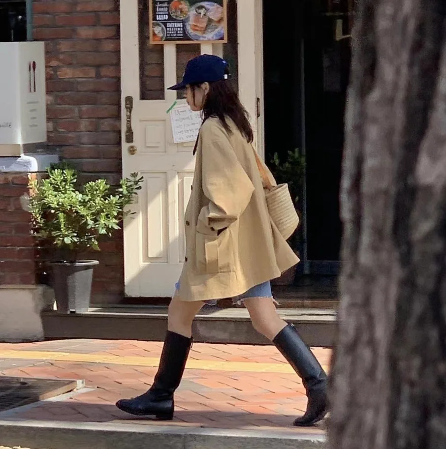 레트로 코듀로이 패치워크 루즈 워크웨어 슬레 자켓 아우터웨어 모던 무드 가을 시즌 여성 패션