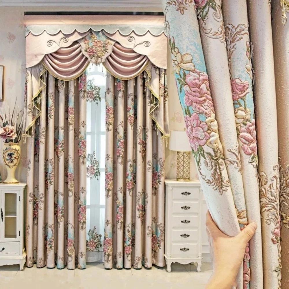 

Luxury European Thickened Embossed Jacquard Curtain Set Living Room Bedroom Flower Window Tulle High Shading Custom Pink Valance