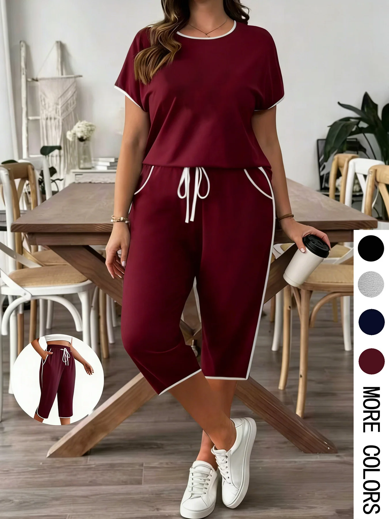 Conjunto Casual de 2 Piezas para Mujer, una Nueva Opción de Moda de Verano, Hecho de Tela de Alta Elasticidad, Cintura Elástica, Cordón Decorativo, Adecuado para Uso Casual en la Calle, Versátil, Compuesto por una Camiseta de Manga Corta y Pantalones de Longitud Media.