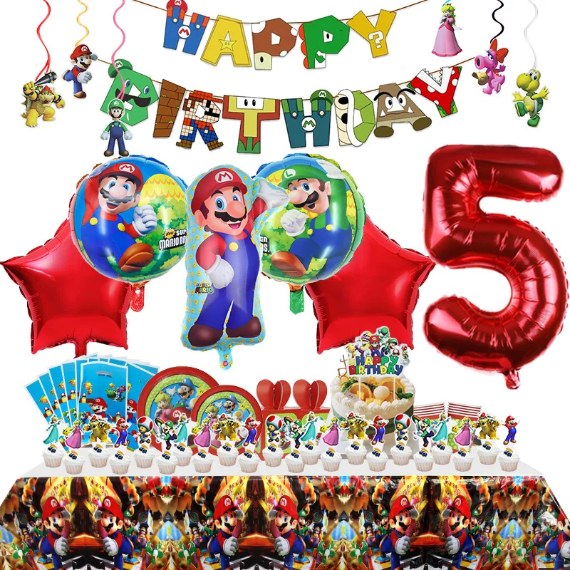 Décoration de fête d'anniversaire Super Mario, ballon en Latex et aluminium pour frère, fournitures pour événements pour enfants, toile de fond jetable pour table